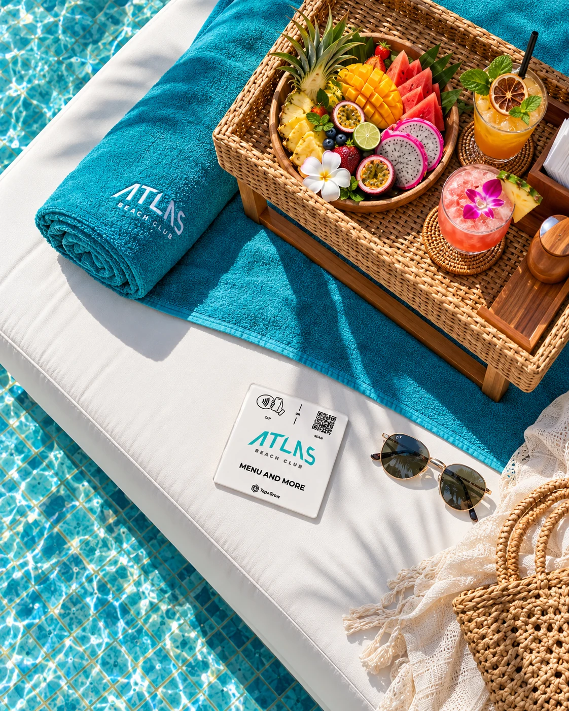 Illustrative Atlas Beach Club NFC menu plaque on a daybed beside fruit and cocktails